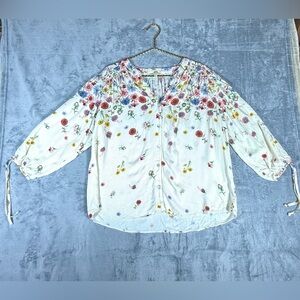 Kate & Sam XL Floral Peasant Prairie Blouse Ivory Botanical Boho Spring Top